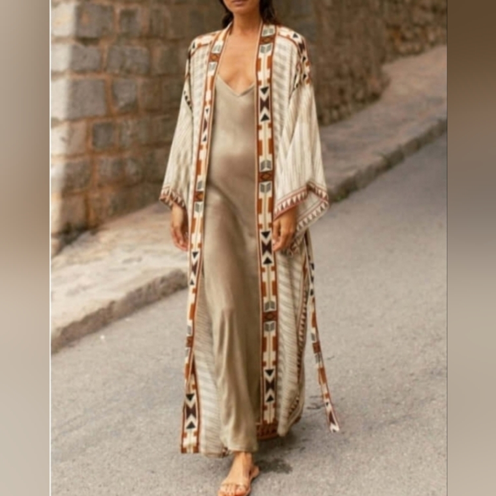 NEW Boho Southwestern Kimono Duster Maxi Cardigan Tribal Tan Black - Picture 3 of 12